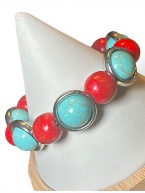 Vintage Turquoise and Red Coral Beaded Bracelet